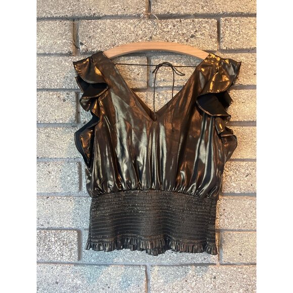 Shiny Black Metallic V-Neck Top With Ruffle Sleeves & Smocked Waist - Picture 5 of 7